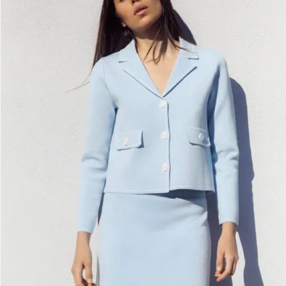Zara Blue & White Lapel Cardigan with Buttons & Faux Front Pockets NWT M